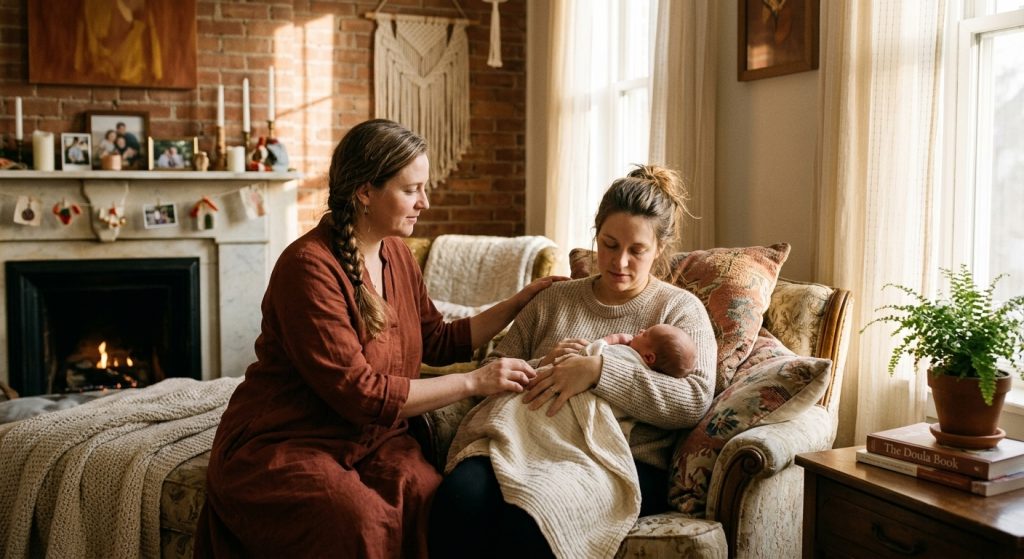 Une doula accompagnant une jeune maman et son nouveau-né à la maison pendant le post-partum